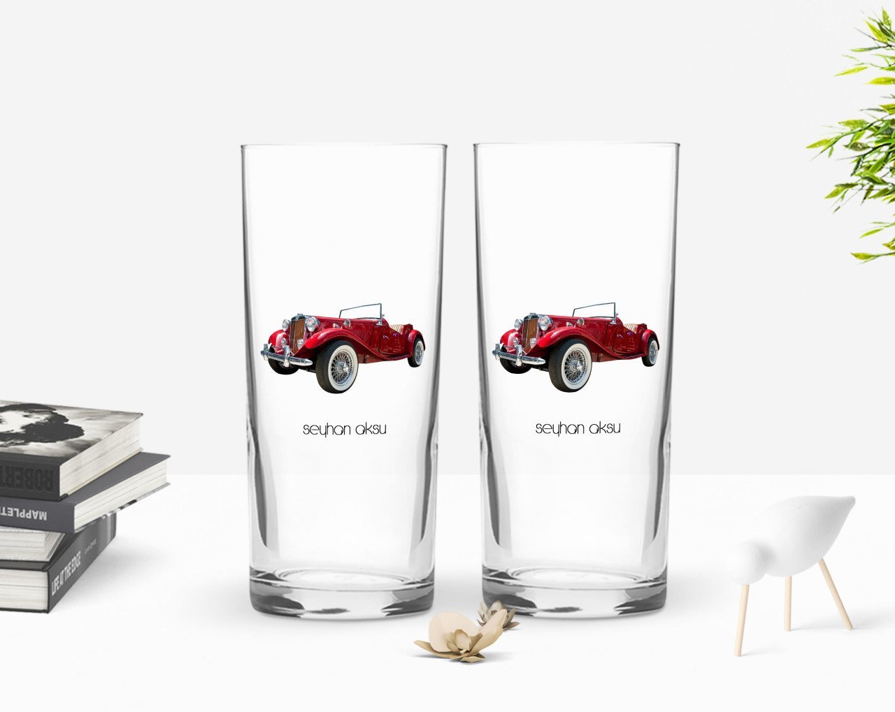 Kişiye Özel Renkli Baskılı Retro Otomobil Tasarımlı İkili Rakı Bardağı Seti-4