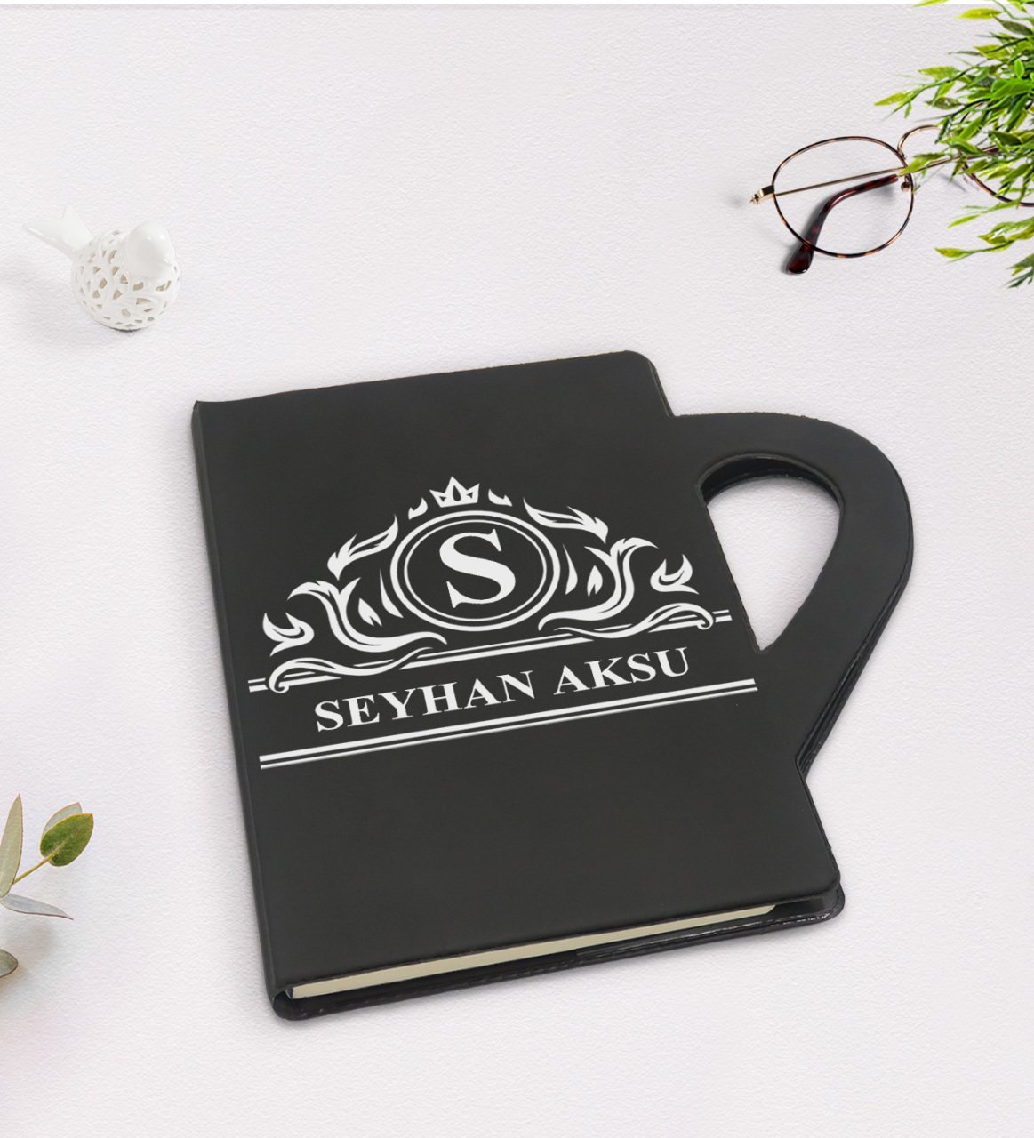 Kişiye Özel İsimli Kupa Şeklinde Siyah Termo Deri Defter Model 12