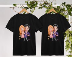 BK Gift Kişiye Özel Sevgililer Karikatürlü İkili Siyah T-shirt Seti, Sevgililer Hediye, Çift Hediyesi, Yıl Dönümü Hediyesi, Kişiye Özel Tişört-8