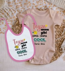 BK Kids Kişiye Özel Teyze Anne Gibi Tasarımlı Pembe %100 Pamuklu Kısa Kol Bebek Body Zıbın ve Mama Önlüğü Hediye Seti