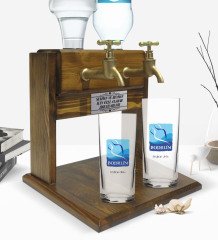 Kişiye Özel Renkli Baskılı Bodrum Tasarımlı Turistik İkili Rakı Bardağı ve Çift Musluklu Doğal Ahşap Rakı Standı-1