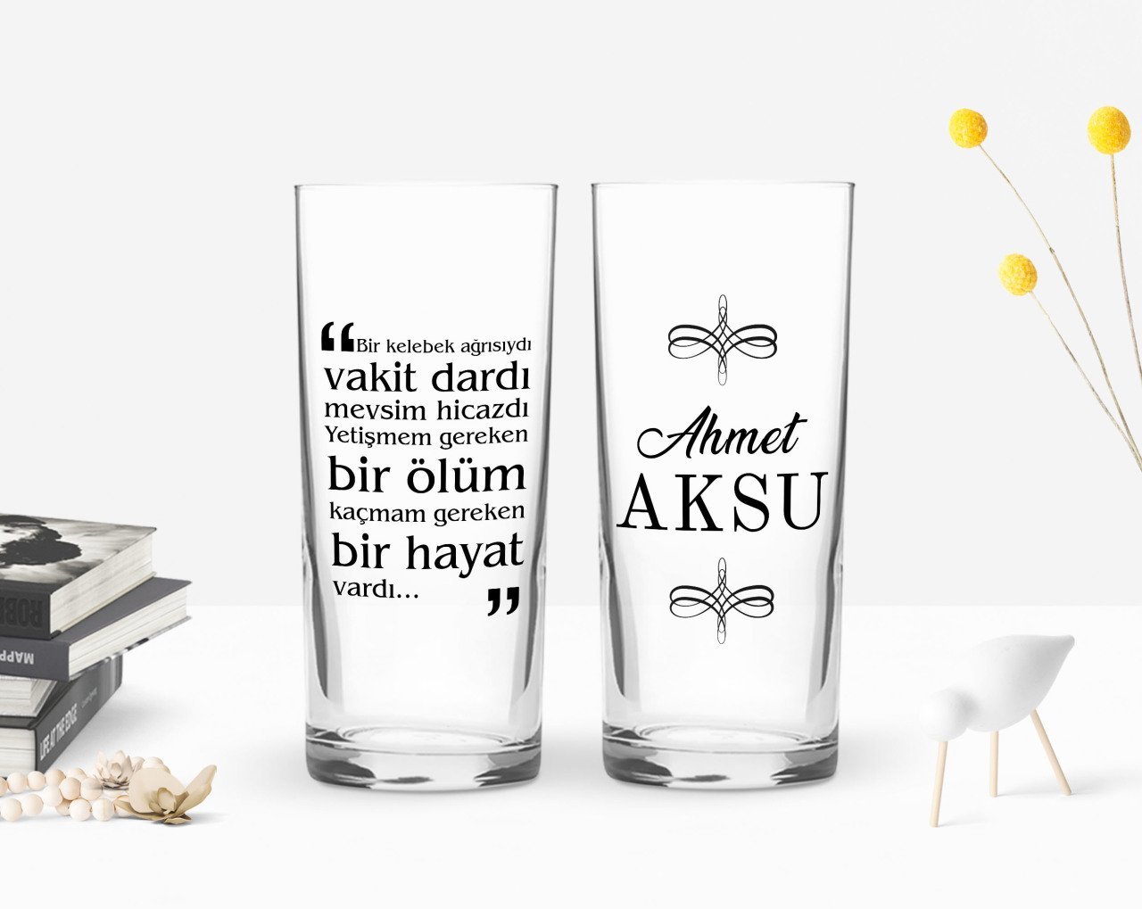Kişiye Özel Renkli Baskılı Bir Kelebek Ağrısıydı Tasarımlı İkili Rakı Bardağı Seti-1