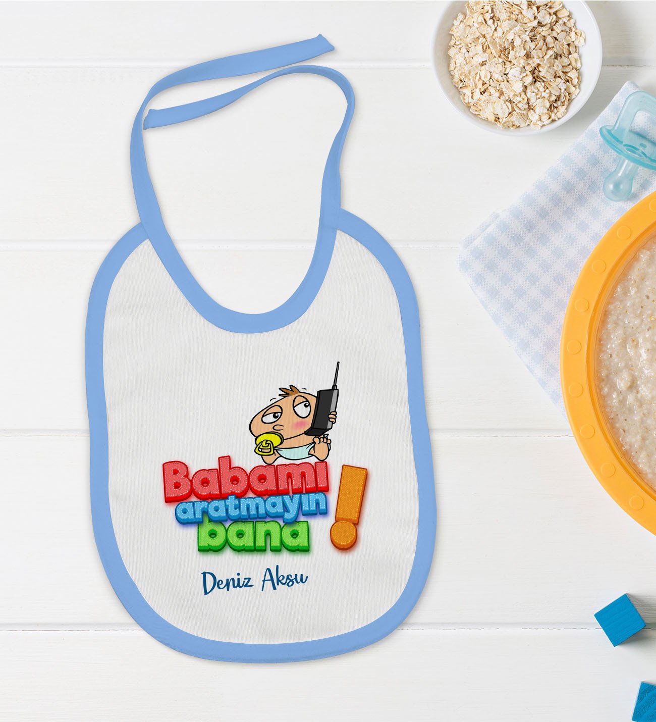 BK Kids Kişiye Özel Mavi Bebek Mama Önlüğü - Model 14