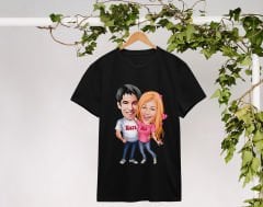 BK Gift Kişiye Özel Sevgililer Karikatürlü İkili Siyah T-shirt Seti, Sevgililer Hediye, Çift Hediyesi, Yıl Dönümü Hediyesi, Kişiye Özel Tişört-10