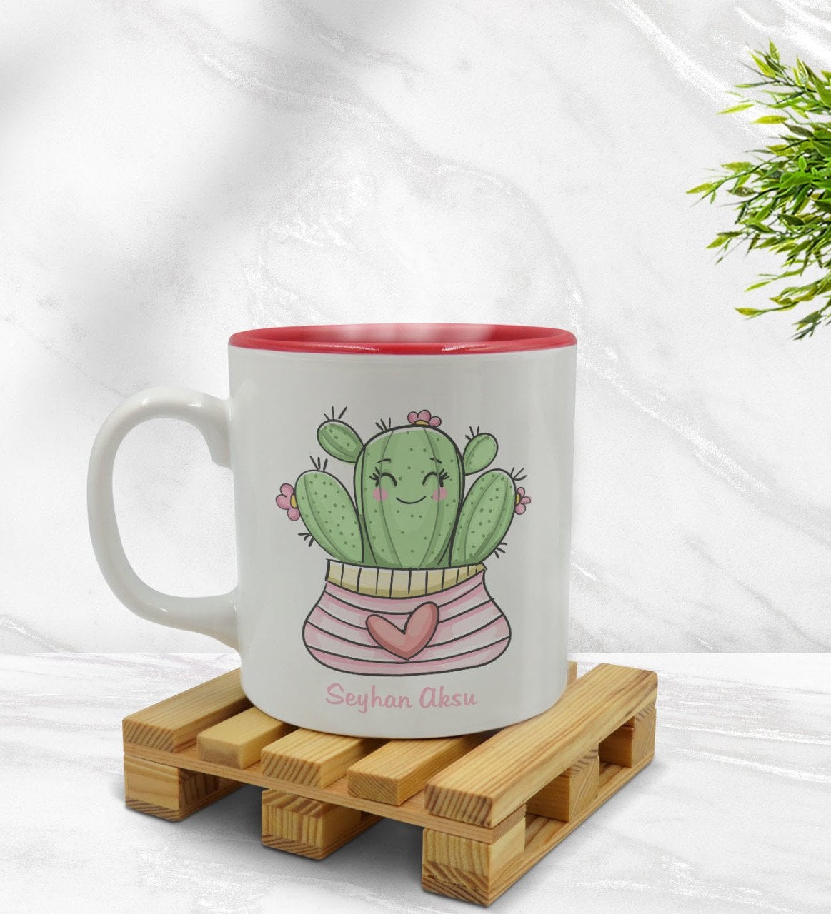 Kişiye Özel Kaktüs Tasarımlı İçi Kırmızı Renkli Kupa Bardak Model 2