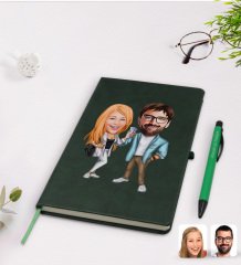 Kişiye Özel Sevgililer Karikatürlü Yeşil Termo Deri Defter Kalem Seti Model 93