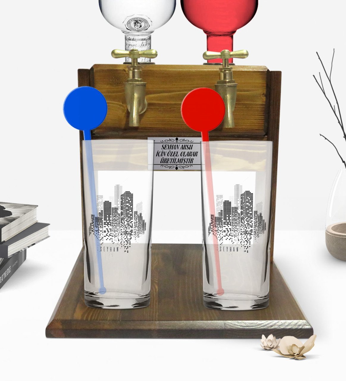 Kişiye Özel Renkli City Tasarımlı İkili Vodka Bardağı ve Çift Musluklu Doğal Ahşap Vodka Standı-1