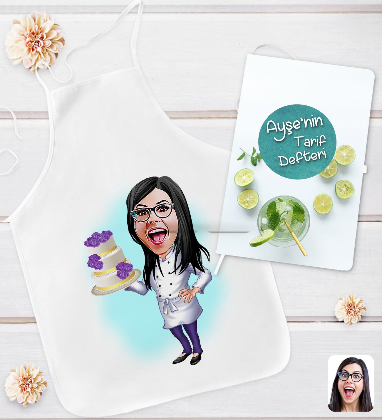 BK Gift Kişiye Özel Karikatürlü Aşçı Anne Tasarımlı Mutfak Önlüğü ve Yemek Tarif Defteri Hediye Seti-5, Anneye Hediye, Anneler Günü Hediyeleri
