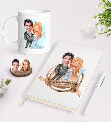 Kişiye Özel Yılın En Mükemmel Çifti Karikatürlü Beyaz Defter Kalem ve Kupa Seti-70