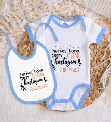BK Kids Kişiye Özel Teyzeme Hastayım Tasarımlı Mavi Bebek Body Zıbın ve Mama Önlüğü Hediye Seti