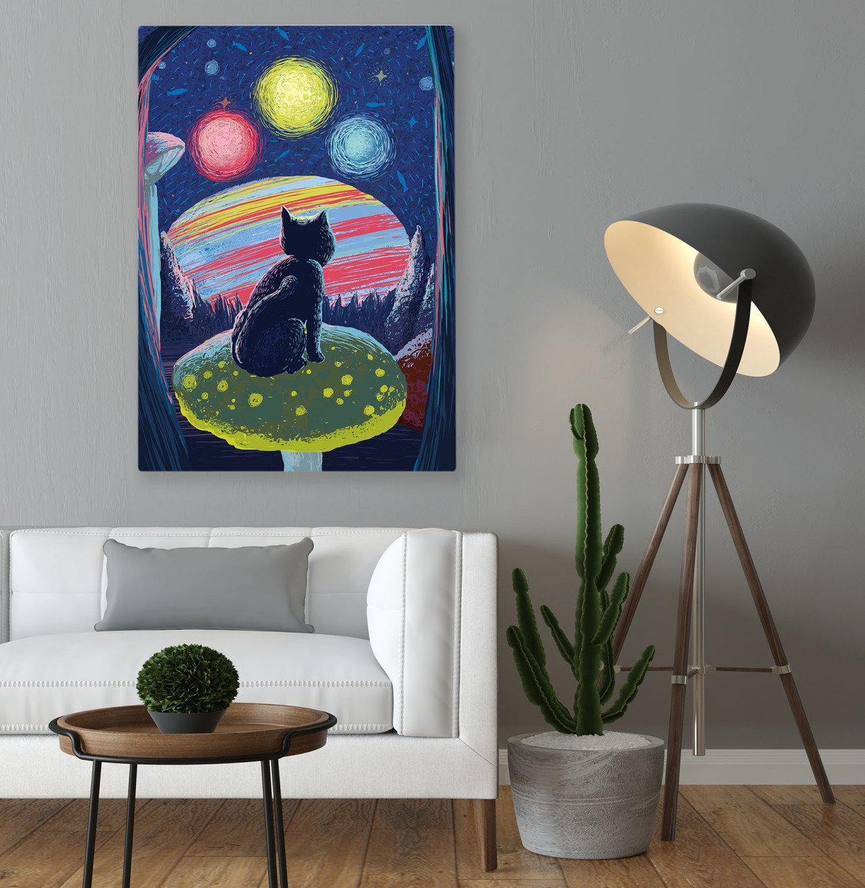 BK Home Gezegen Döngüsündeki Siyah Kedi Tasarımlı Kanvas Tablo 70x100cm