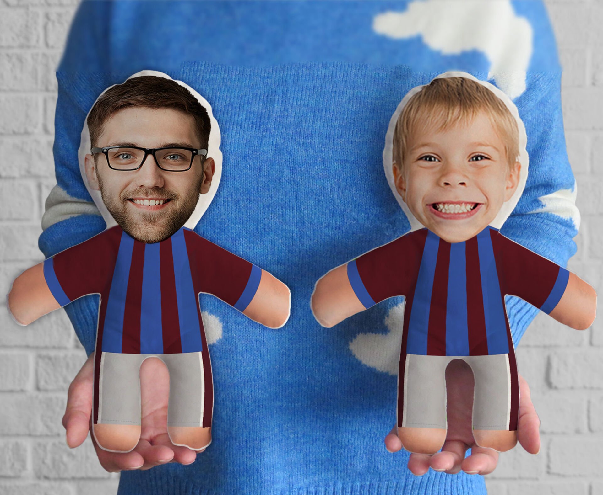BK Gift Kişiye Özel Bordo Mavi Taraftar 2'li Baba&Oğul-Kız Futbolcu Bebek Yastık-1, Taraftar Hediyesi, Babalar Günü Hediyesi