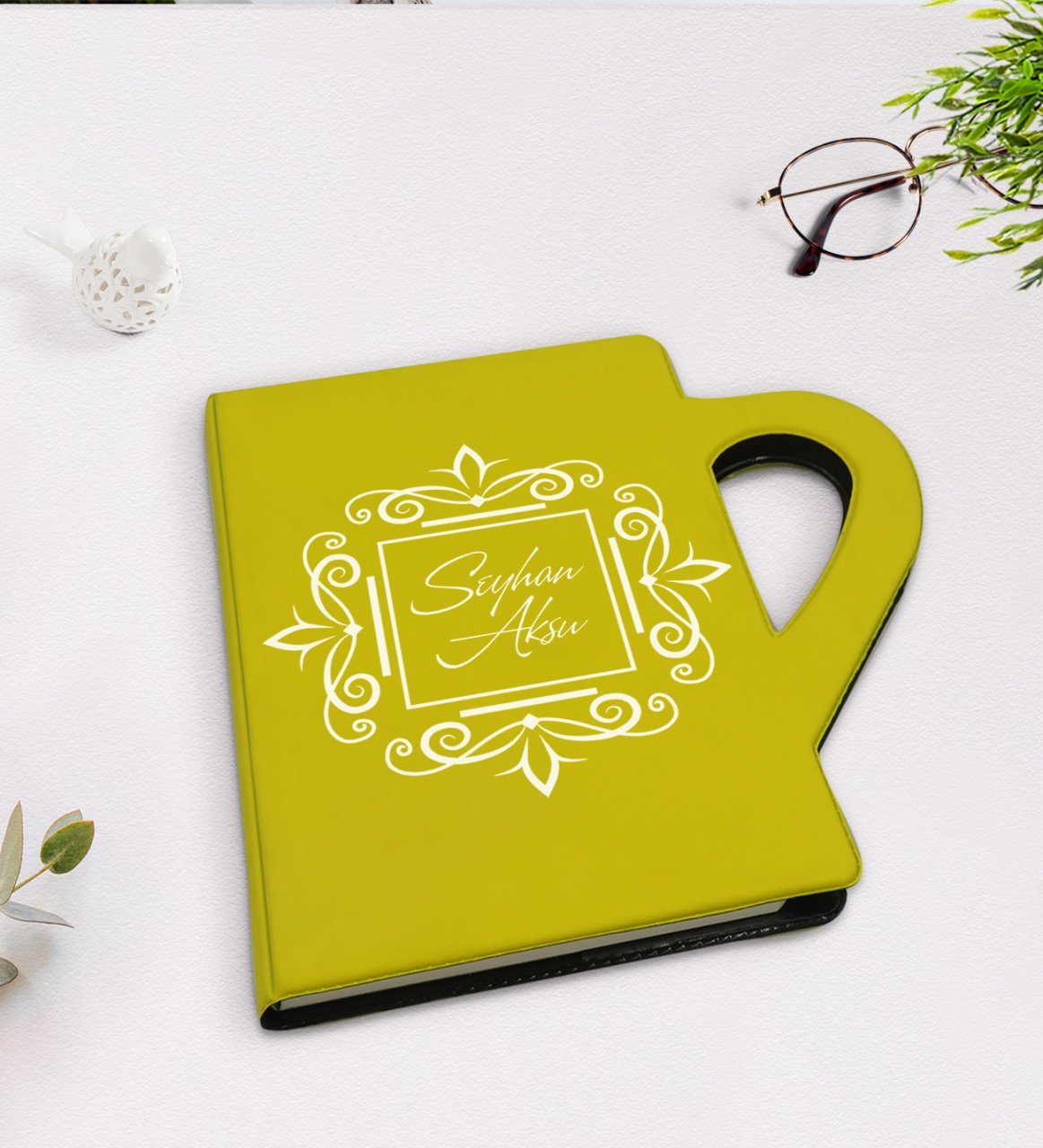 Kişiye Özel İsimli Kupa Şeklinde Sarı Termo Deri Defter Model 1
