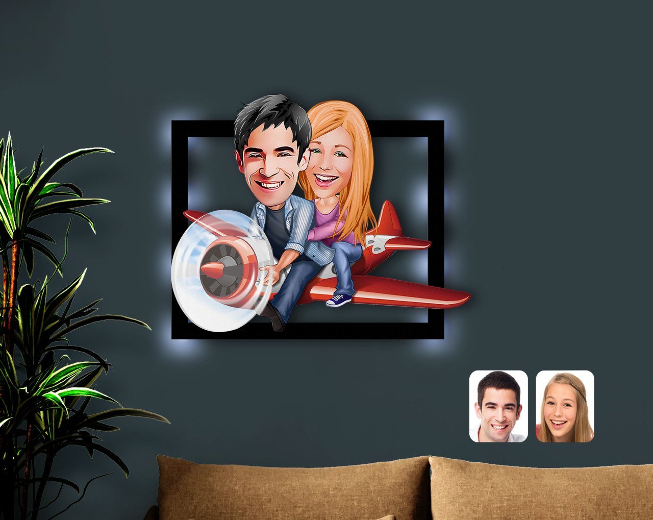 Kişiye Özel Sevgililer Karikatürlü 3D Led Işıklı Ahşap Tablo-11