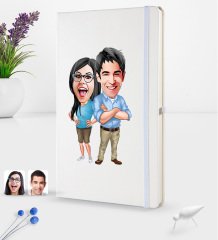 Kişiye Özel Sevgililer Karikatürlü Beyaz Termo Deri Defter 16x24cm Model 101