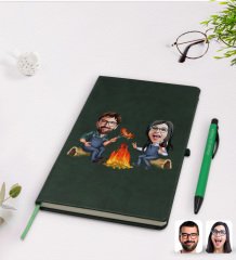 Kişiye Özel Sevgililer Karikatürlü Yeşil Termo Deri Defter Kalem Seti Model 95