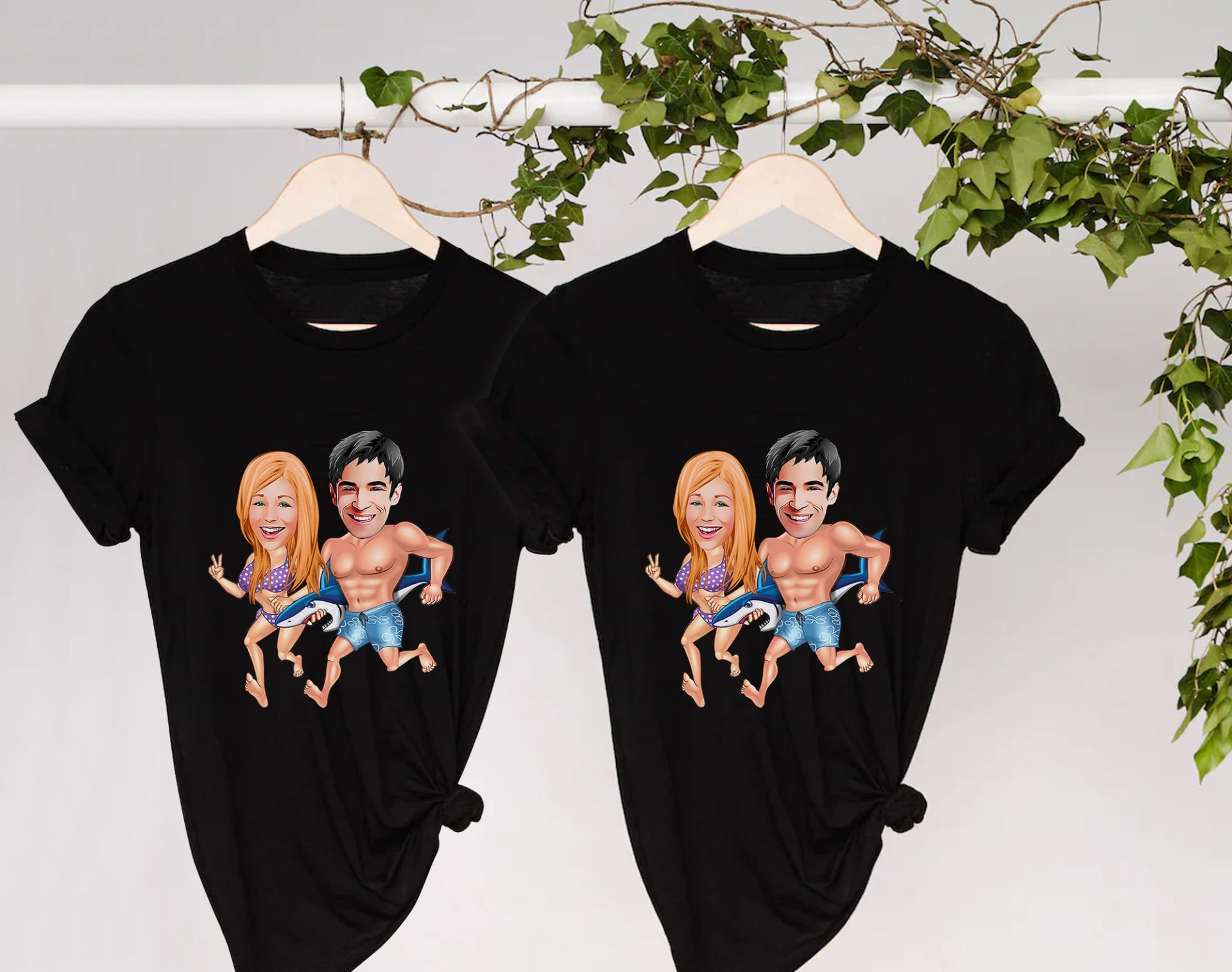 BK Gift Kişiye Özel Sevgililer Karikatürlü İkili Siyah T-shirt Seti, Sevgililer Hediye, Çift Hediyesi, Yıl Dönümü Hediyesi, Kişiye Özel Tişört-13