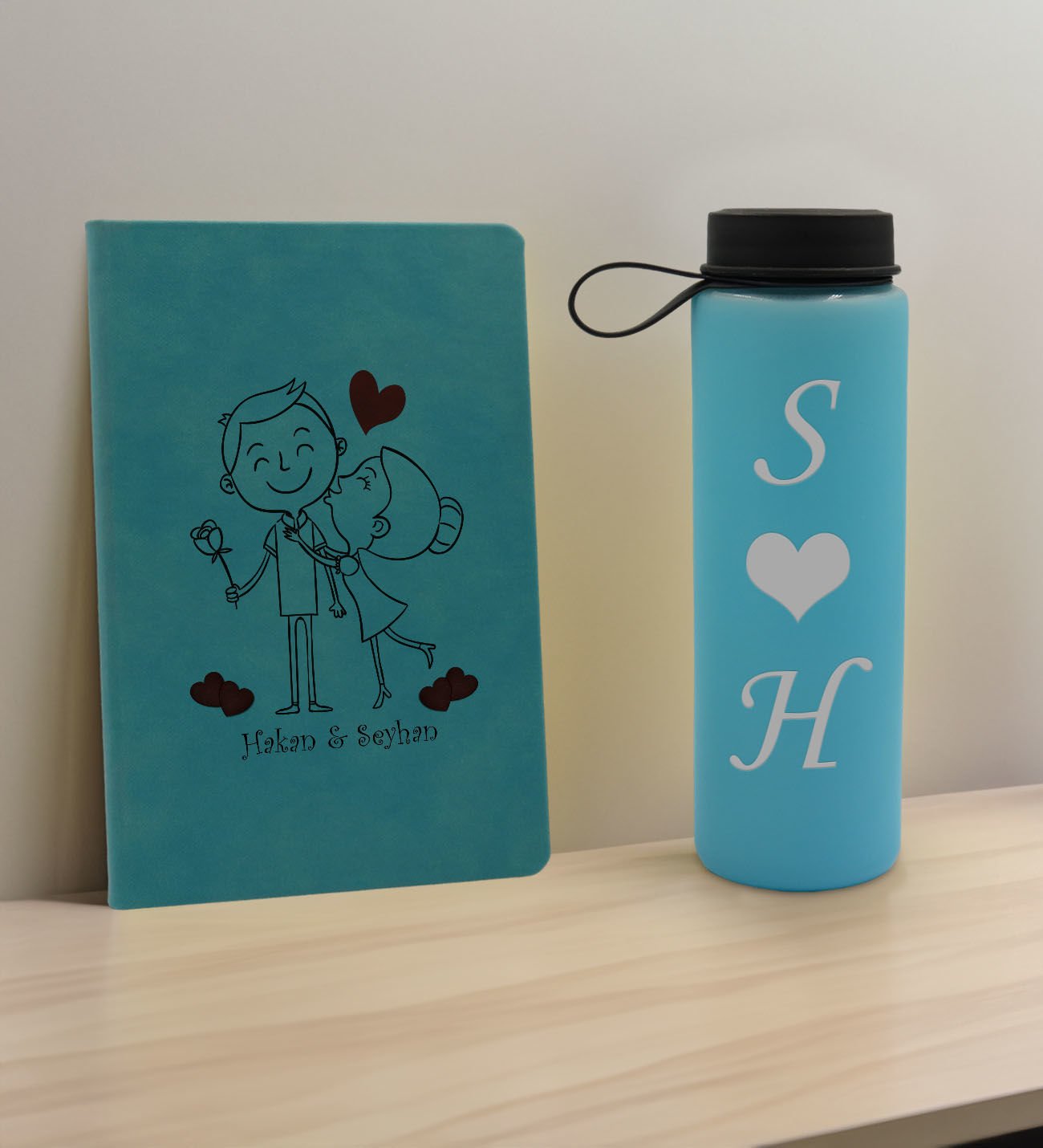 BK Gift Sevgiliye Özel İsimli Turkuaz Defter ve Cam Matara Hediye Seti-9, Sevgiliye Hediye, Sevgililer Günü, Yeni İş Hediyesi