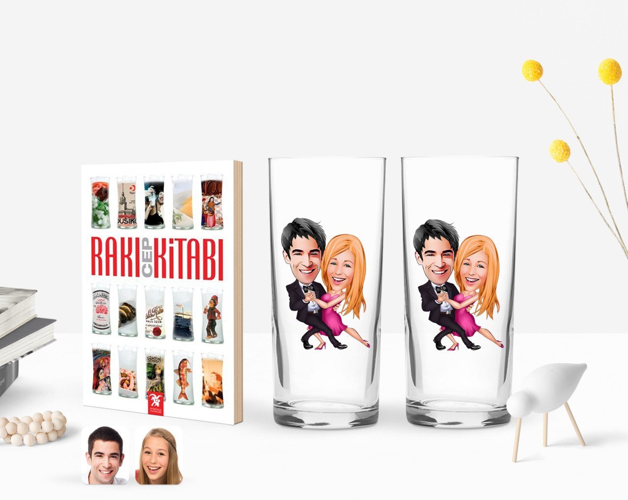 Kişiye Özel Renkli Baskılı Sevgililer Karikatürlü İkili Rakı Bardağı ve Rakı Cep Kitabı Hediye Seti-13