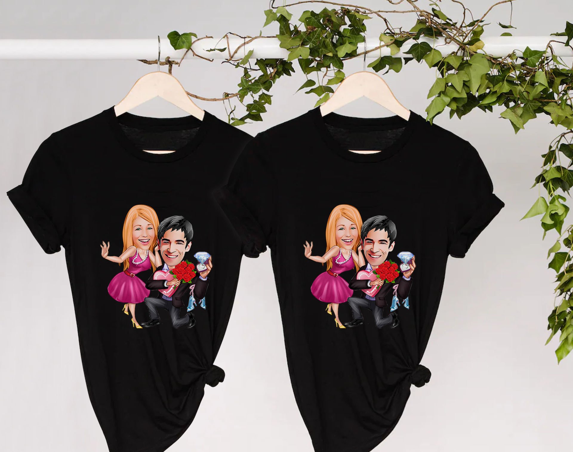 BK Gift Kişiye Özel Sevgililer Karikatürlü İkili Siyah T-shirt Seti, Sevgililer Hediye, Çift Hediyesi, Yıl Dönümü Hediyesi, Kişiye Özel Tişört-14