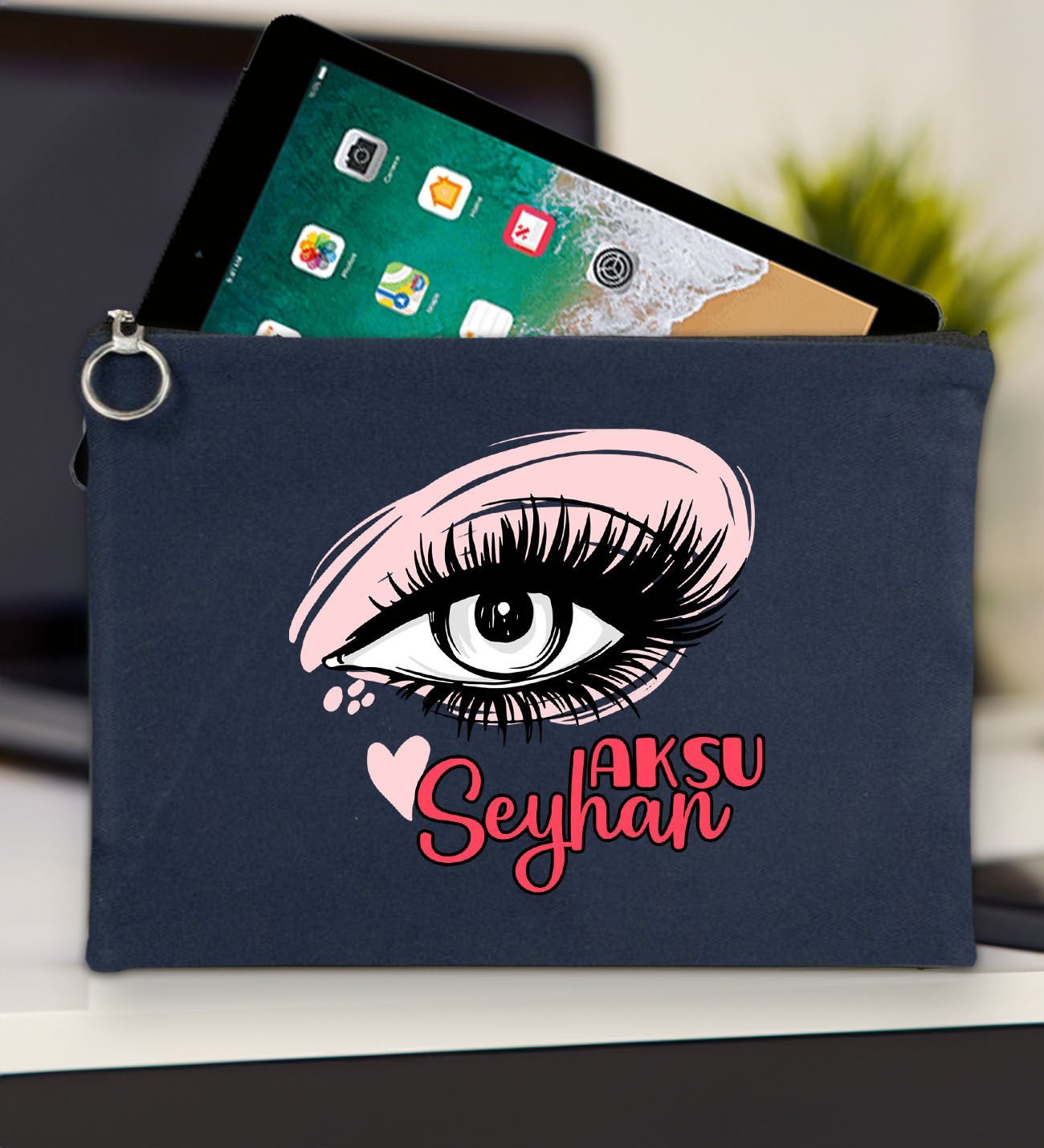 BK Gift Kişiye Özel İsimli-5 Lacivert Tablet Çantası 30x21cm, Ipad Çantası, Baskılı Tablet Kılıfı